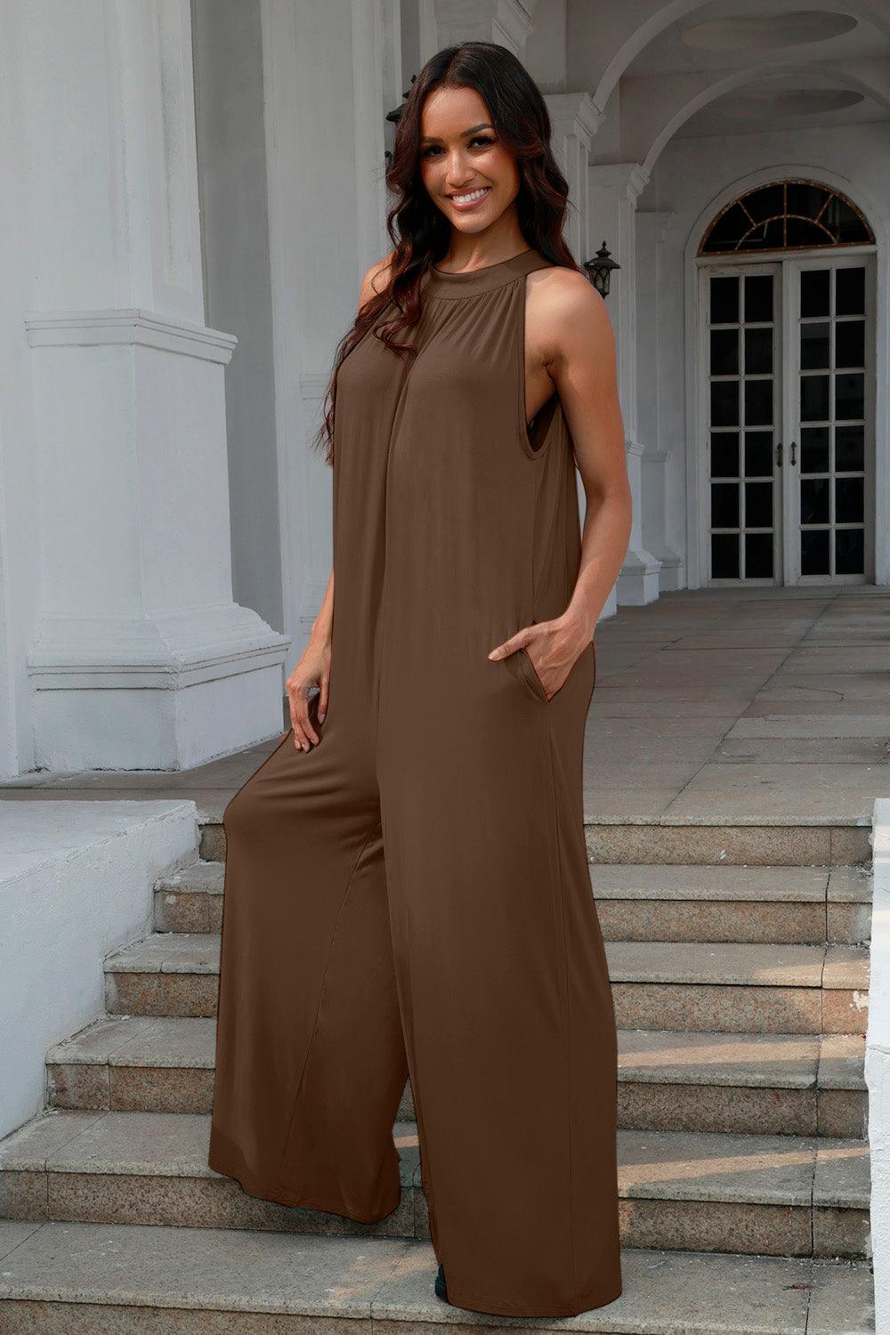 Double Take Full Size Tie Back Cutout Sleeveless Jumpsuit - Trendy by Luna