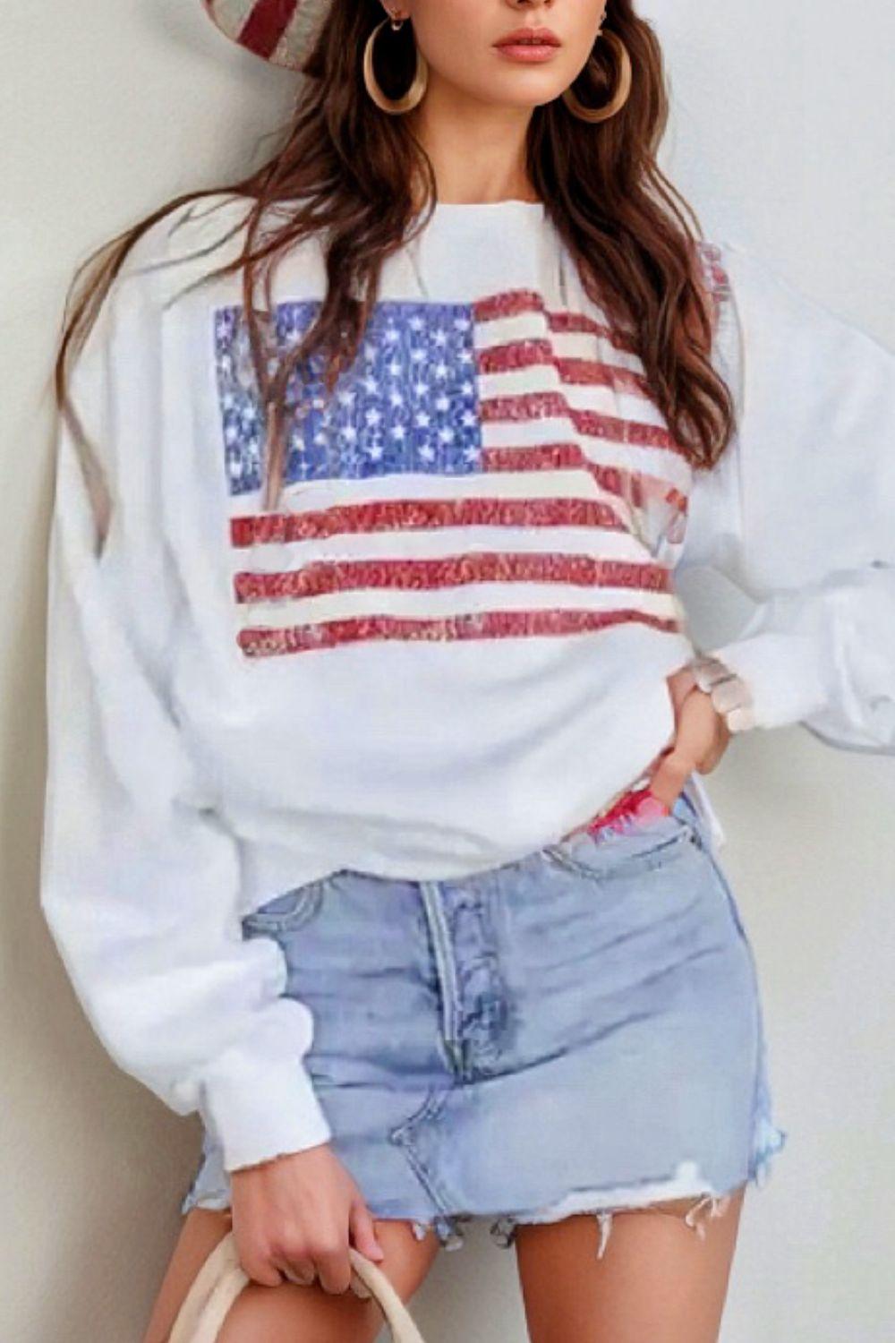 US Flag Round Neck Long Sleeve Sweatshirt - Trendy by Luna