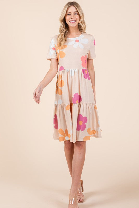 Floral Round Neck Short Sleeve Tiered Dress - Trendy by Luna