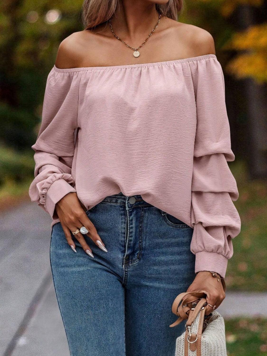 Ruched Off-Shoulder Long Sleeve Blouse - Trendy by Luna