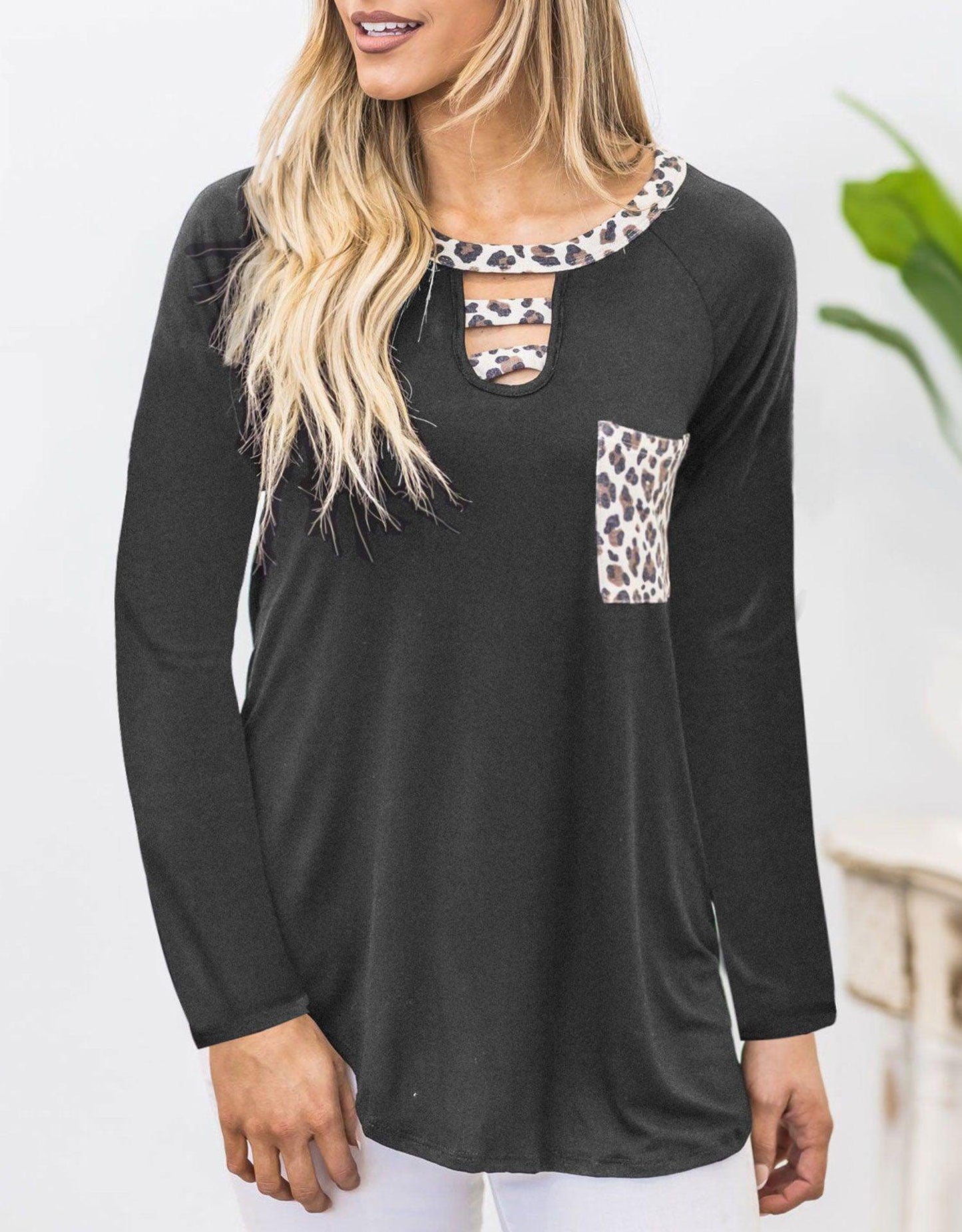 Cutout Leopard Round Neck Long Sleeve T-Shirt - Trendy by Luna