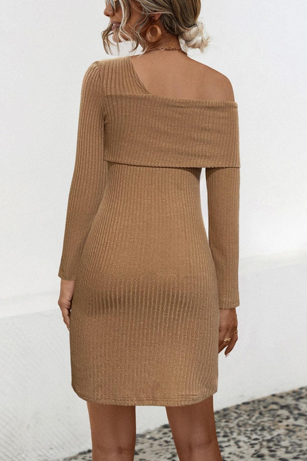 Asymmetrical Fold-Over Neck Ribbed Mini Dress - Trendy by Luna