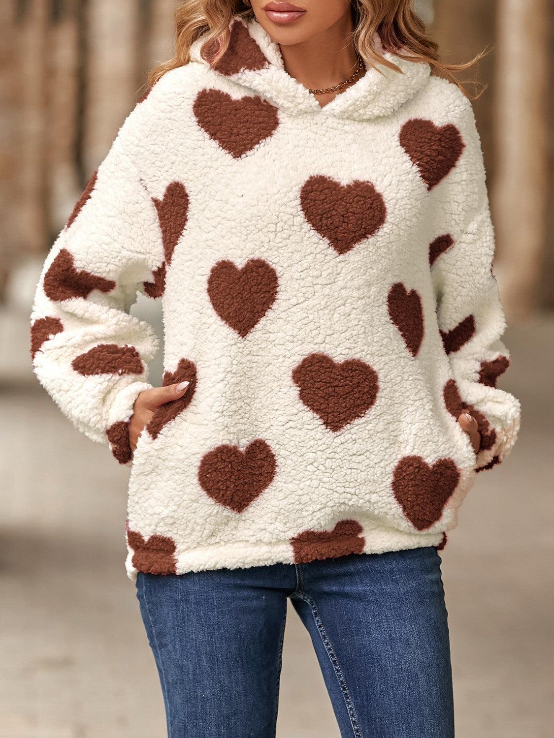 Fuzzy Heart Pocketed Dropped Shoulder Hoodie - Trendy by Luna