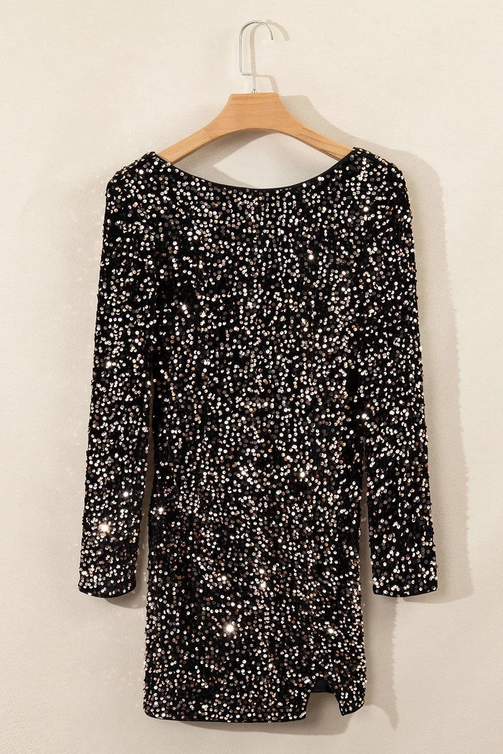 Backless Sequin Round Neck Long Sleeve Dress - Trendy by Luna