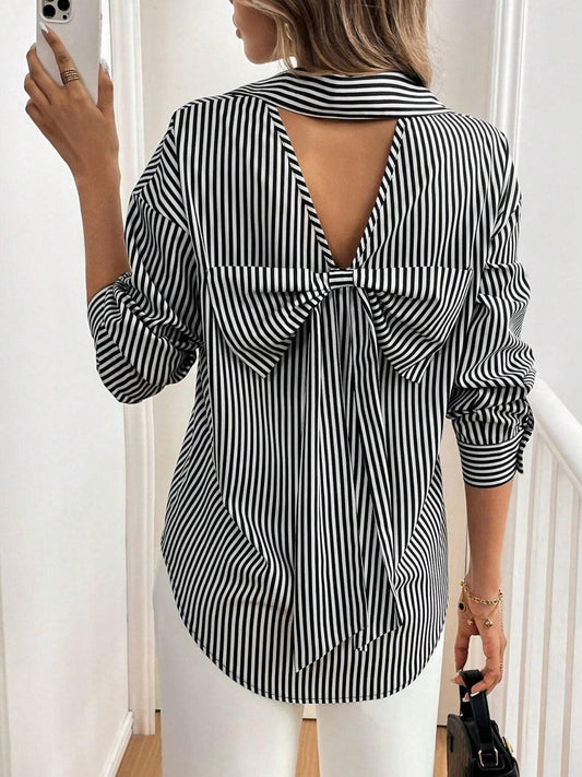 Cutout Bow Back Striped Collared Neck Long Sleeve Shirt - Trendy by Luna