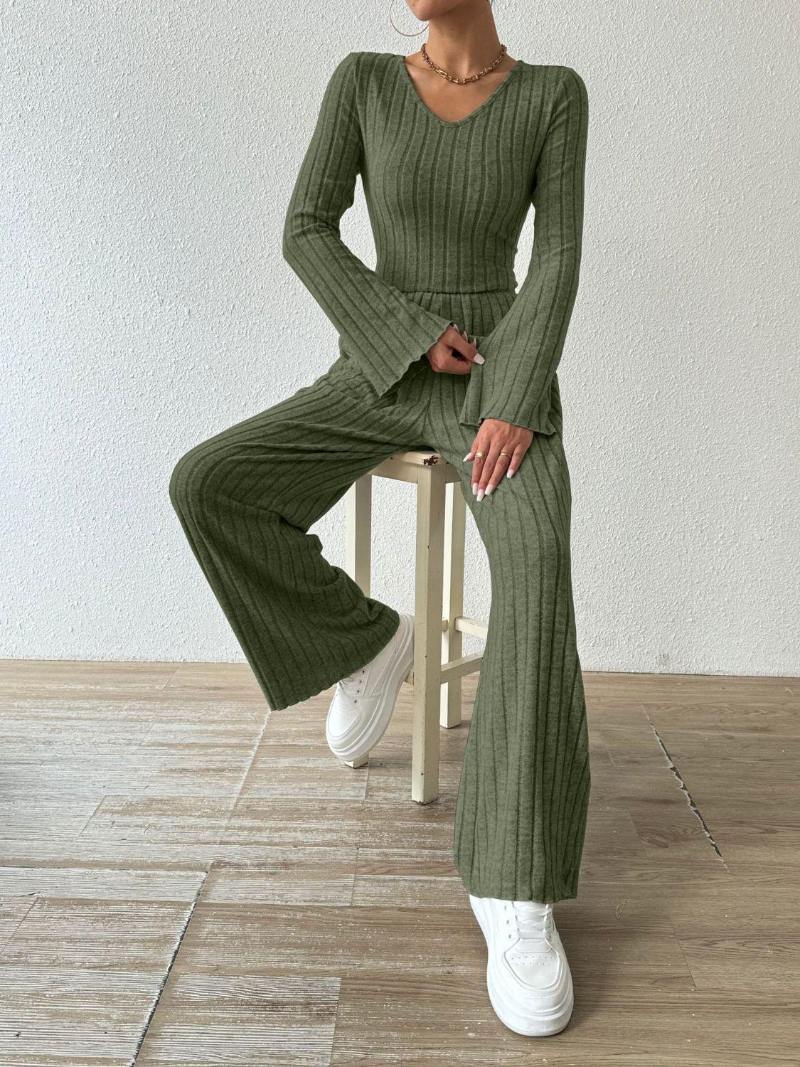 Ribbed V-Neck Long Sleeve Top and Pocketed Pants Set - Trendy by Luna