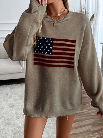 Devine US Flag Round Neck Long Sleeve Knit Top - Trendy by Luna