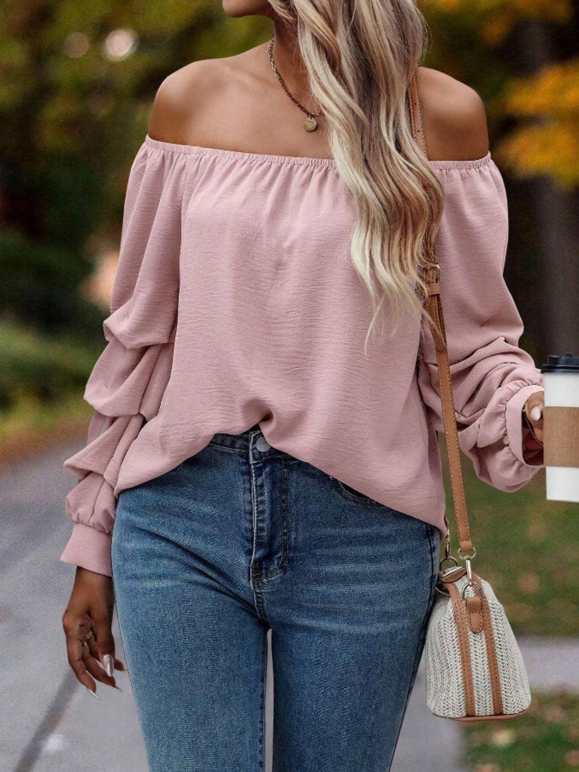 Ruched Off-Shoulder Long Sleeve Blouse - Trendy by Luna