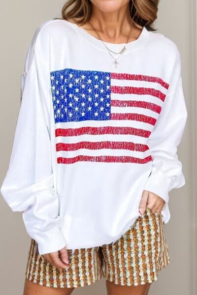 US Flag Round Neck Long Sleeve Sweatshirt - Trendy by Luna