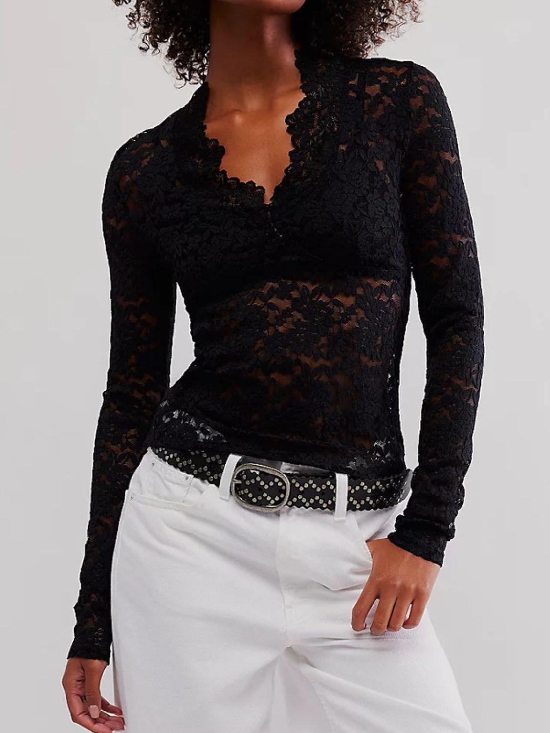 V-Neck Long Sleeve Lace Top - Trendy by Luna