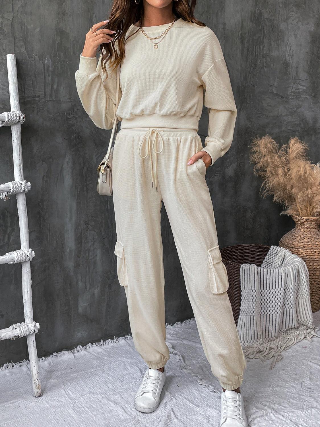 Perfee Round Neck Long Sleeve Top and Pants Set - Trendy by Luna