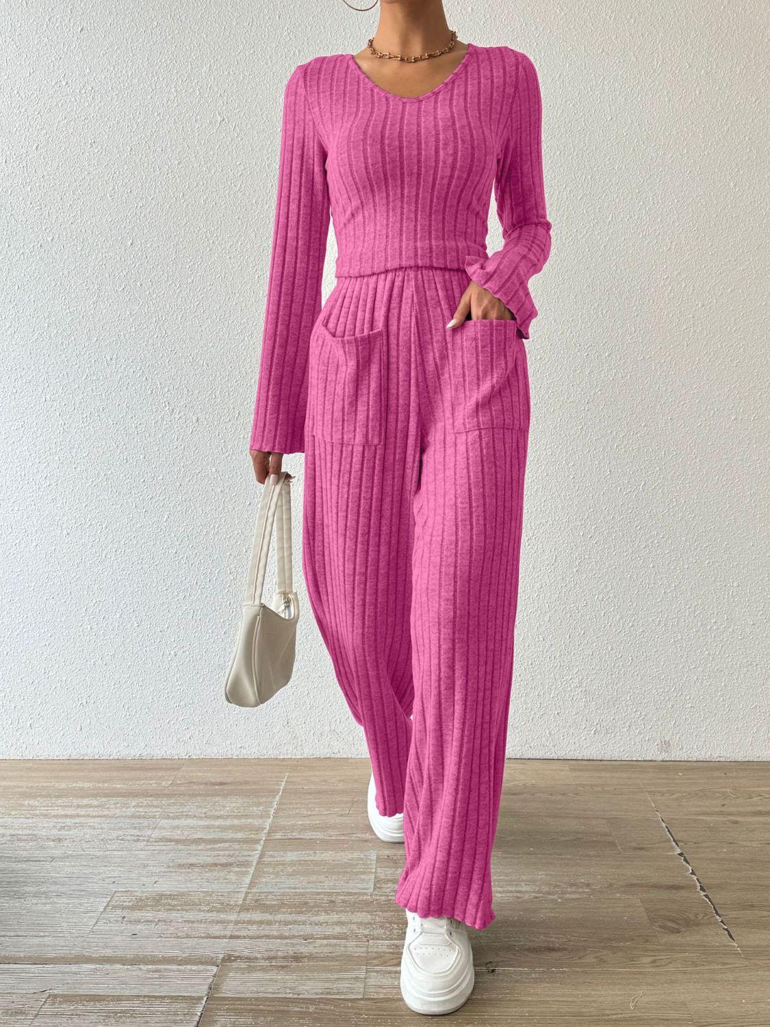 Ribbed V-Neck Long Sleeve Top and Pocketed Pants Set - Trendy by Luna