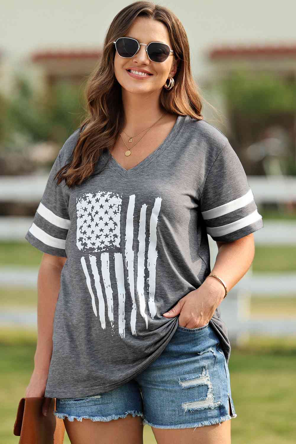 Plus Size US Flag Graphic V-Neck Tee - Trendy by Luna