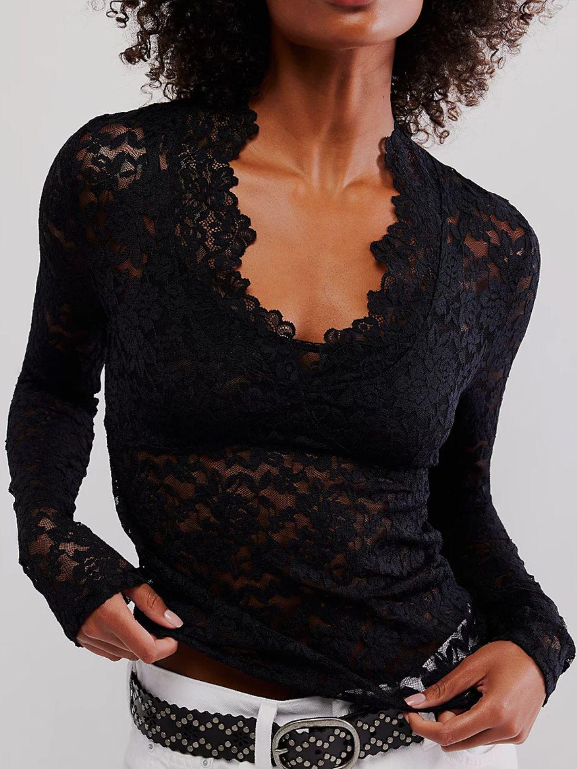 V-Neck Long Sleeve Lace Top - Trendy by Luna