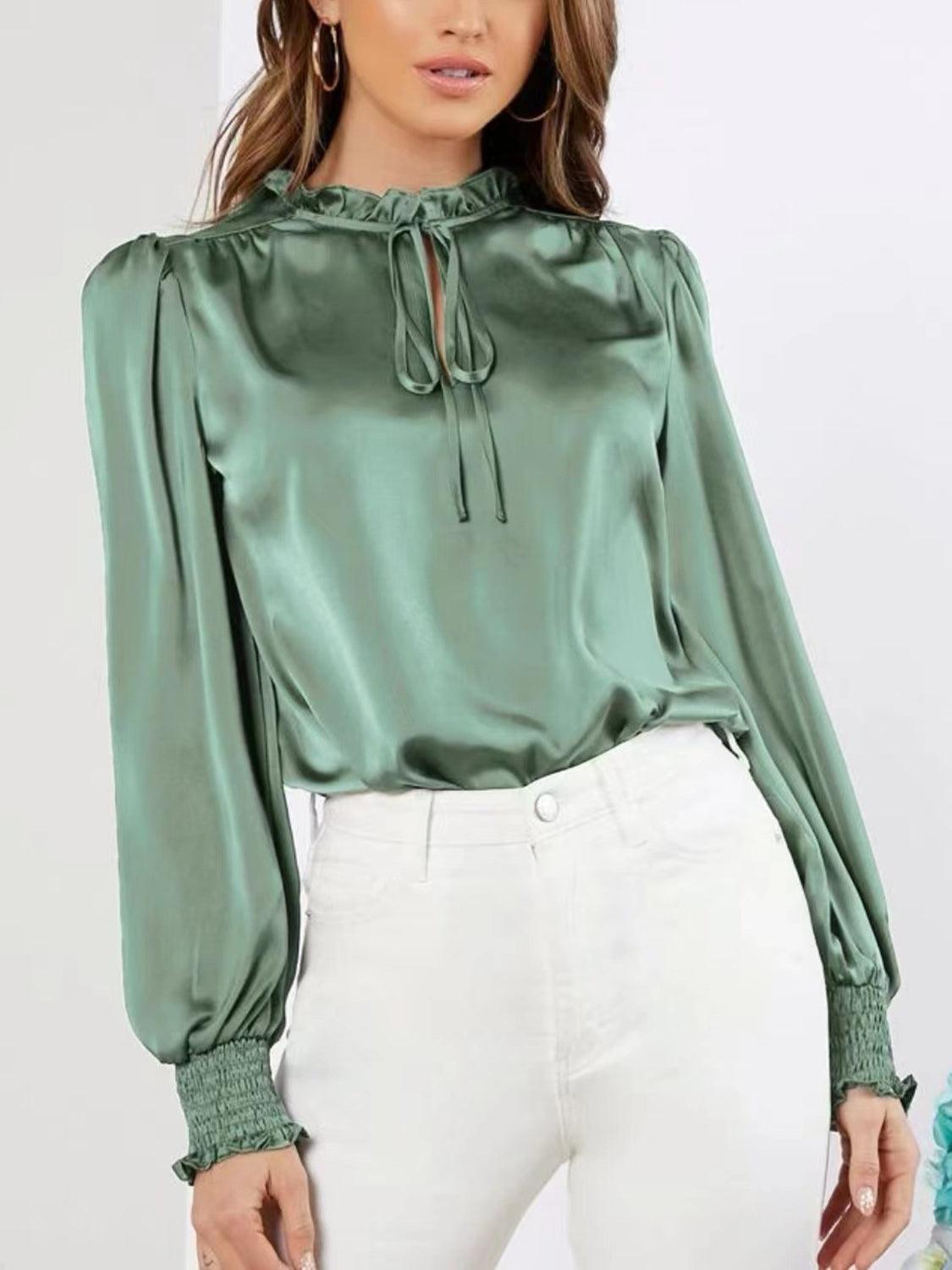 Frill Tied Lantern Sleeve Blouse - Trendy by Luna