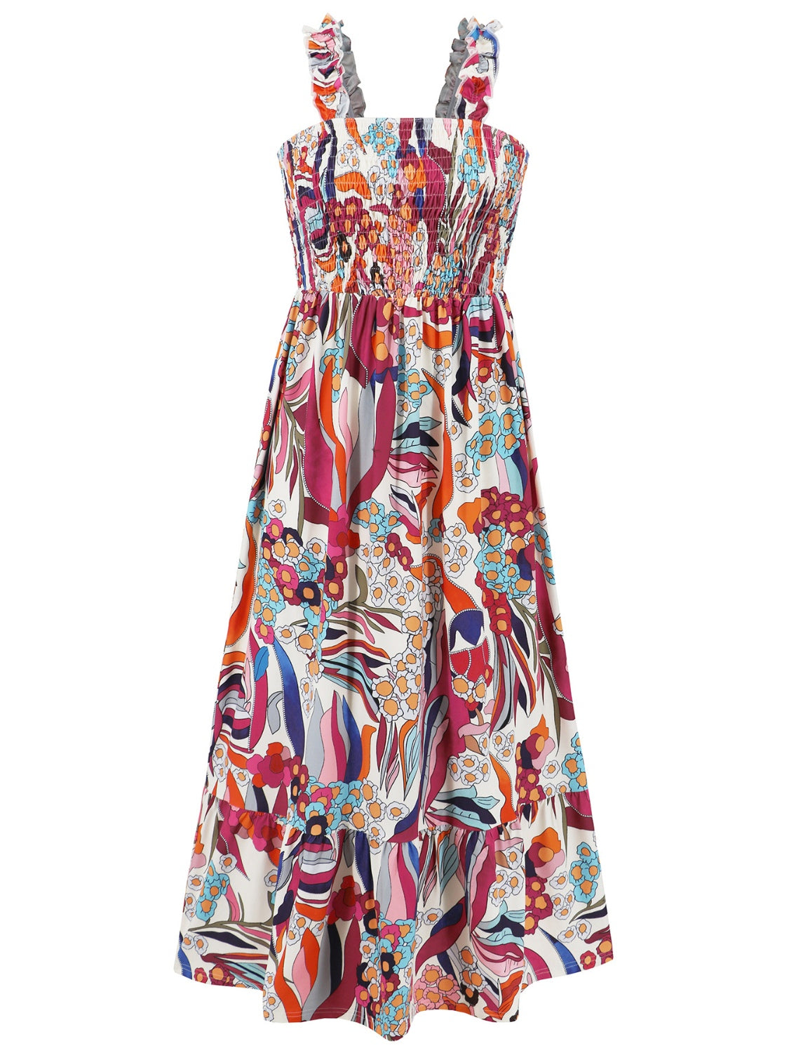 Smocked Printed Square Neck Sleeveless Dress - Trendy by Luna