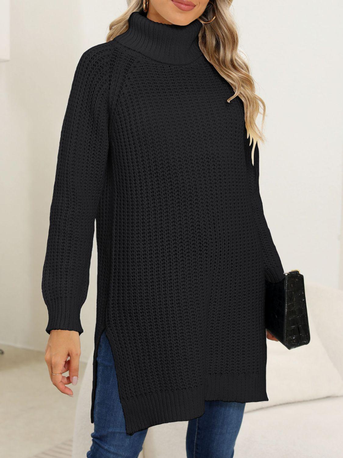 Trendy Slit Turtleneck Long Sleeve Sweater - Trendy by Luna