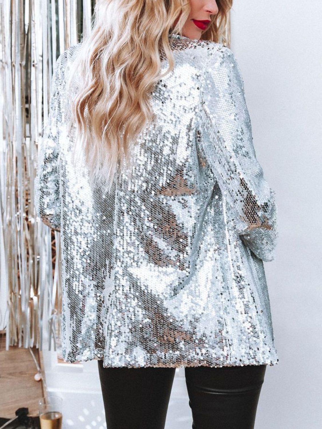 Sequin Lapel Collar Long Sleeve Blazer - Trendy by Luna