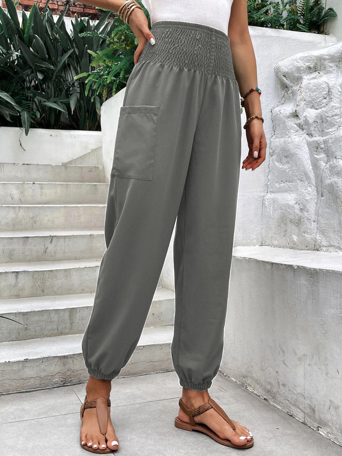 Smocked High Rise Joggers with Pockets - Trendy by Luna