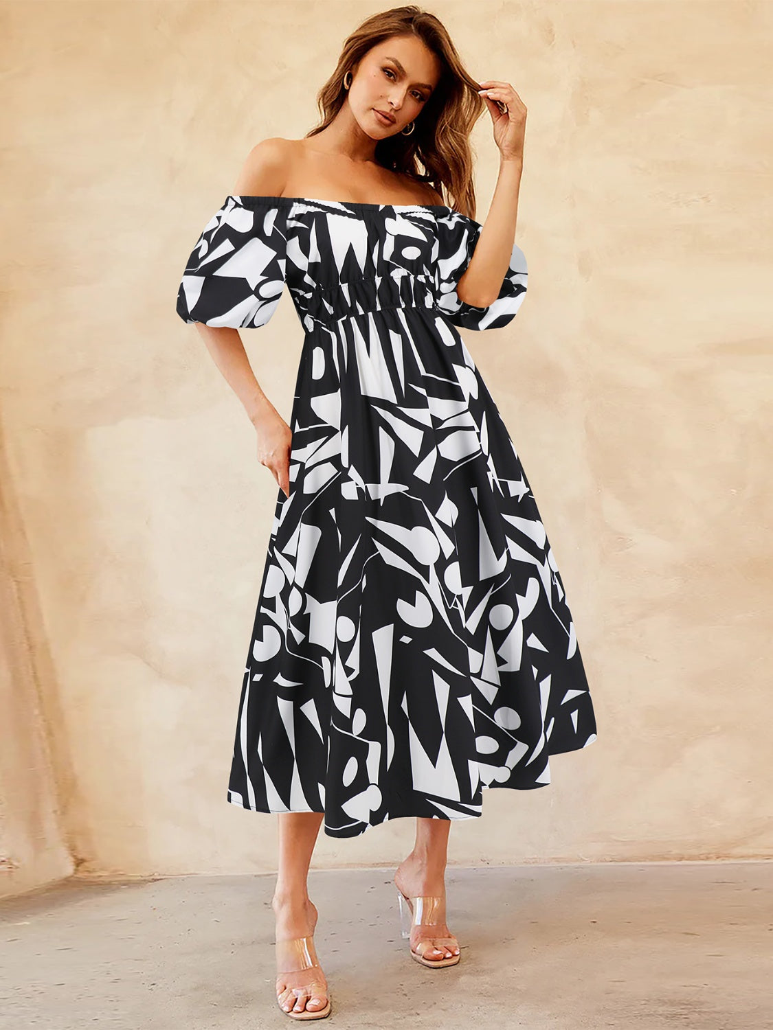 Printed Off-Shoulder Balloon Sleeve Dress - Trendy by Luna