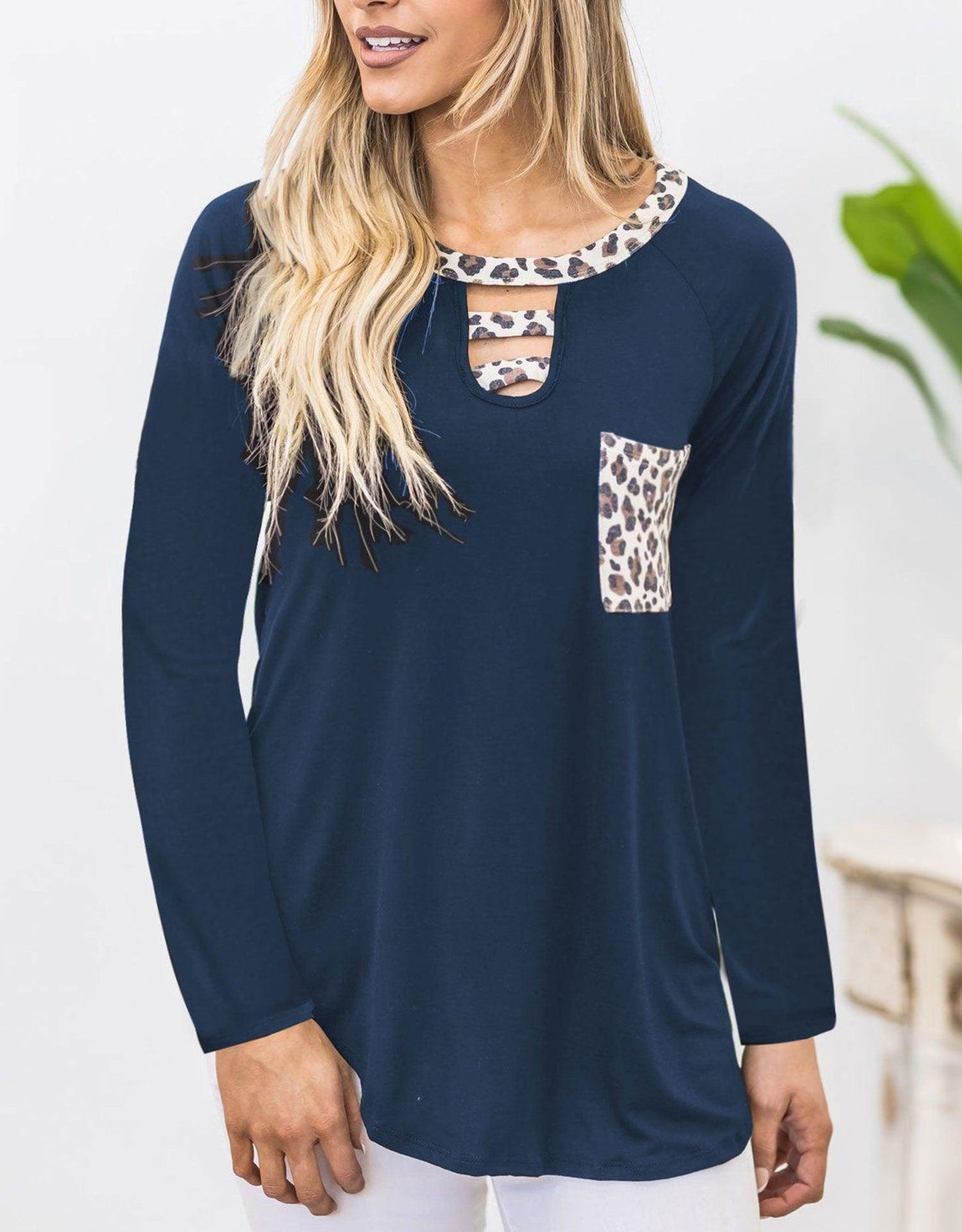 Cutout Leopard Round Neck Long Sleeve T-Shirt - Trendy by Luna