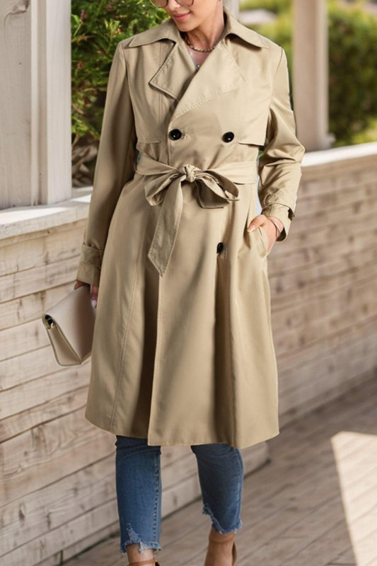 Collared Neck Tie Waist Buttoned Long Sleeve Trench Coat - Trendy by Luna