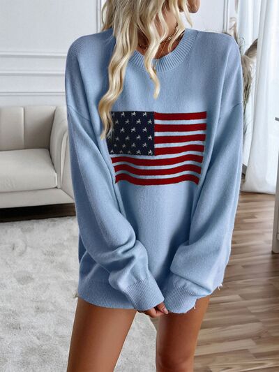 Devine US Flag Round Neck Long Sleeve Knit Top - Trendy by Luna