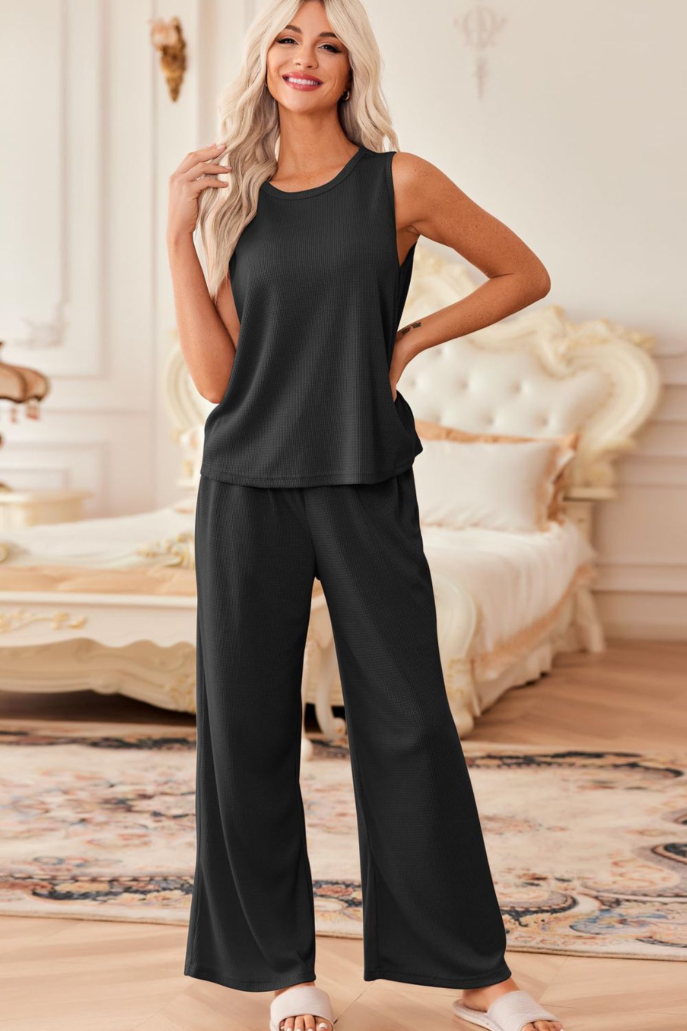 Waffle-Knit Round Neck Tank and Pants Set - Trendy by Luna