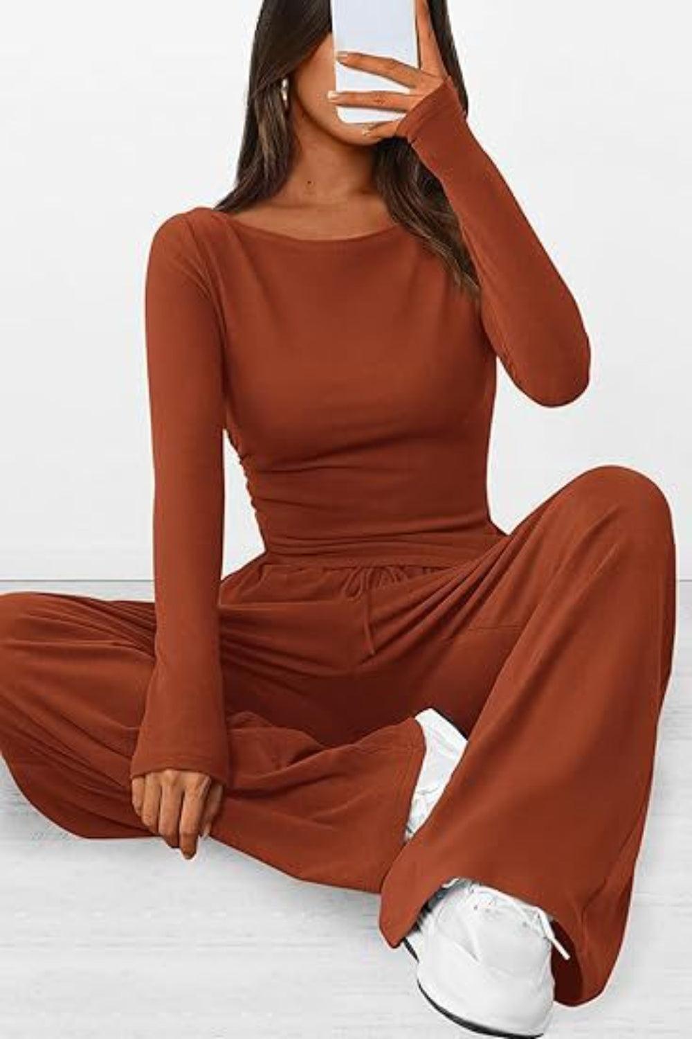 Round Neck Long Sleeve Top and Pants Set - Trendy by Luna