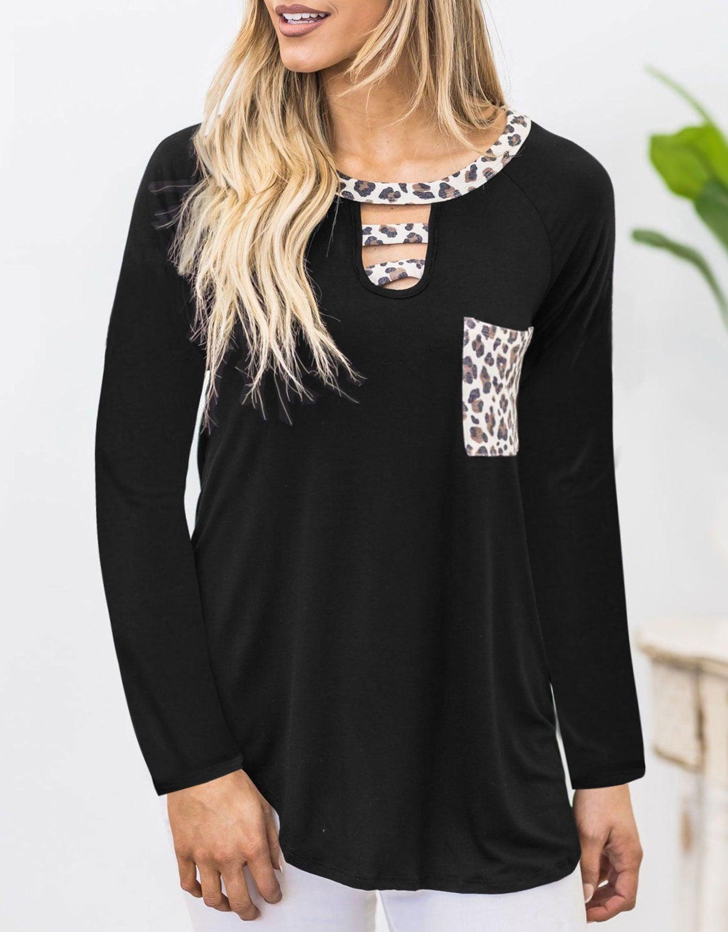 Cutout Leopard Round Neck Long Sleeve T-Shirt - Trendy by Luna