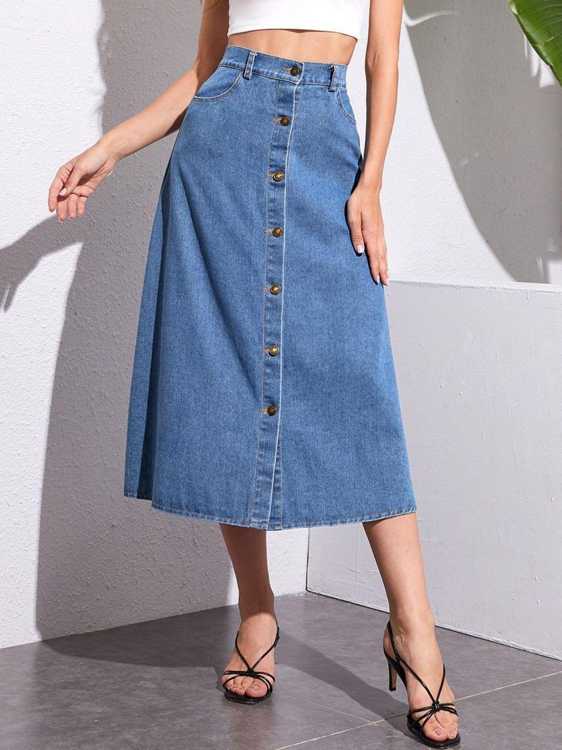 Buttoned Midi Denim Skirt with Pockets - Trendy by Luna