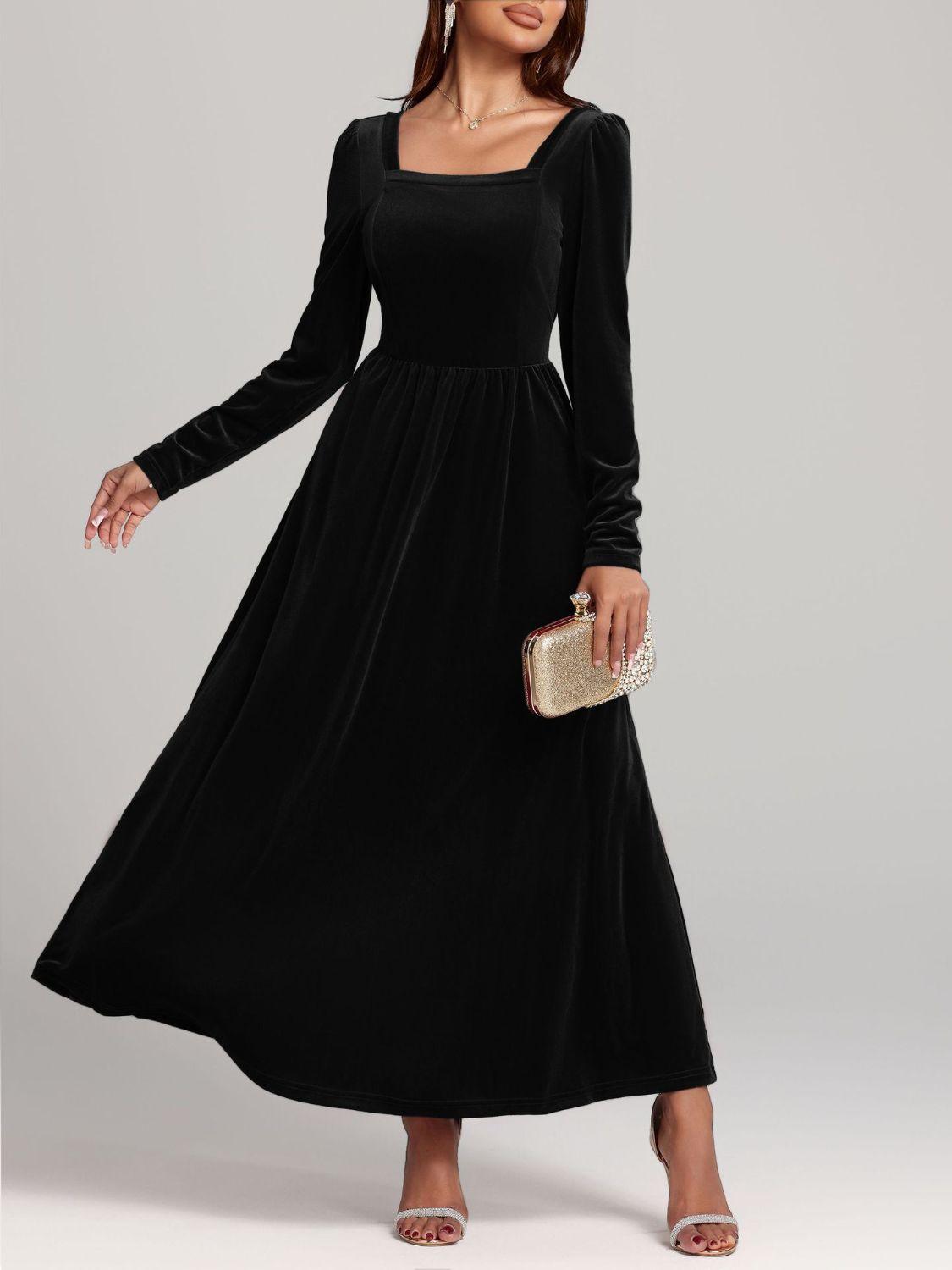 Velvet Square Neck Long Sleeve Dress - Trendy by Luna