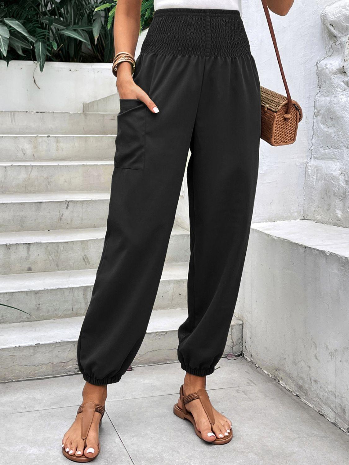 Smocked High Rise Joggers with Pockets - Trendy by Luna