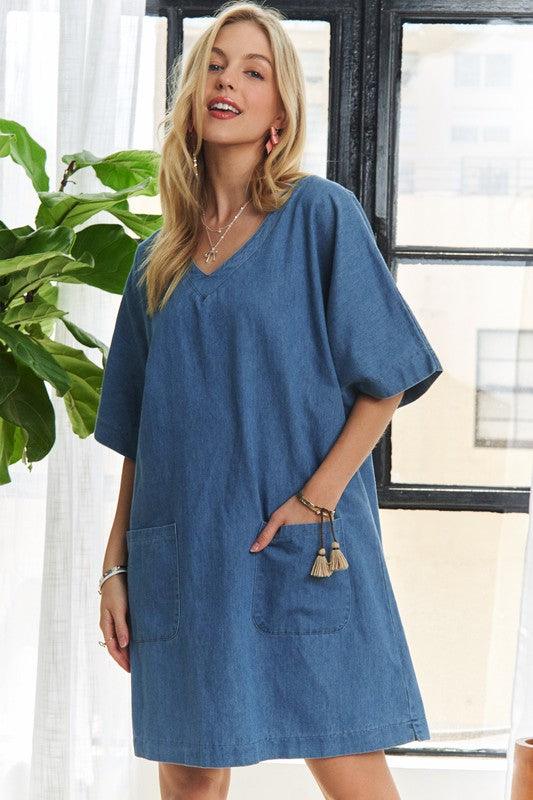 V-Neck Half Sleeve Mini Denim Dress - Trendy by Luna