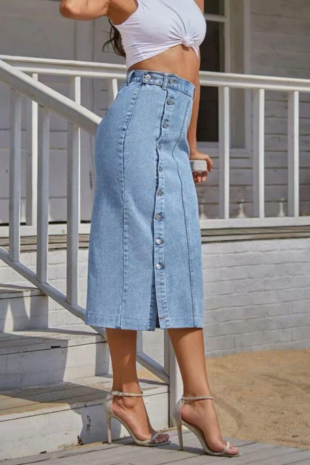 Buttoned Split Denim Skirt - Trendy by Luna