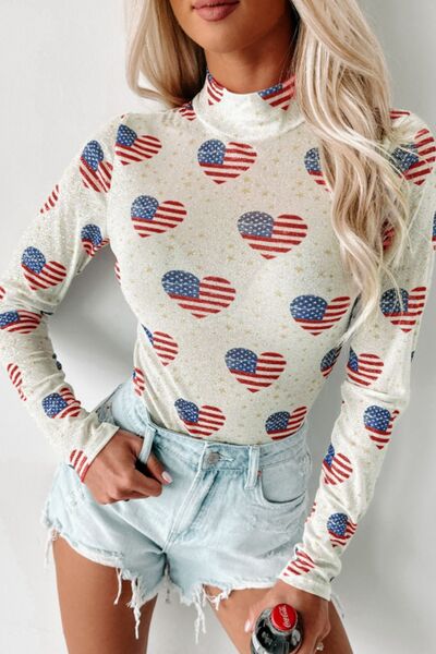 US Flag Heart Mock Neck Long Sleeve Bodysuit - Trendy by Luna