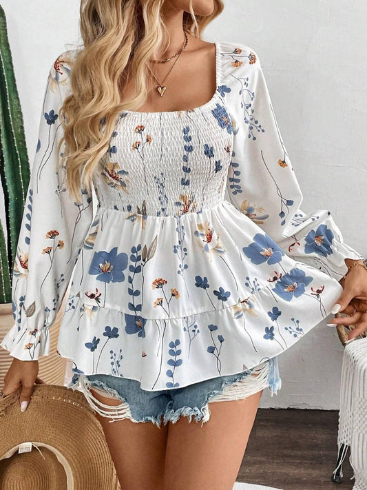 Smocked Floral Scoop Neck Flounce Sleeve Blouse - Trendy by Luna