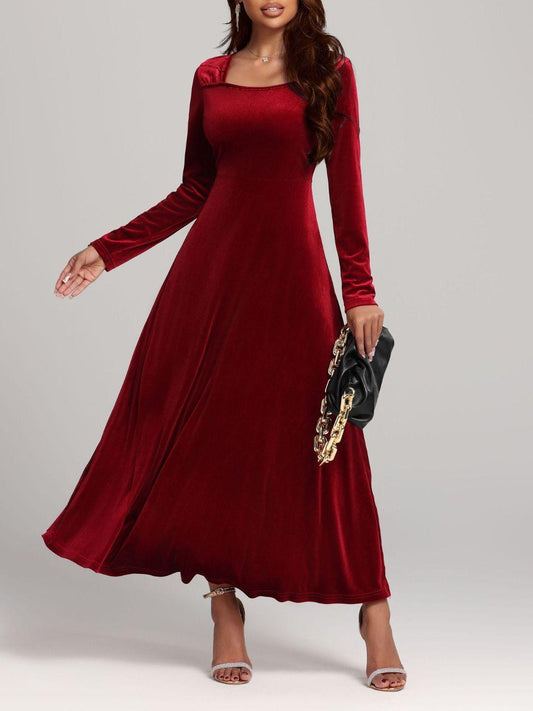 Square Neck Long Sleeve Velvet Dress - Trendy by Luna