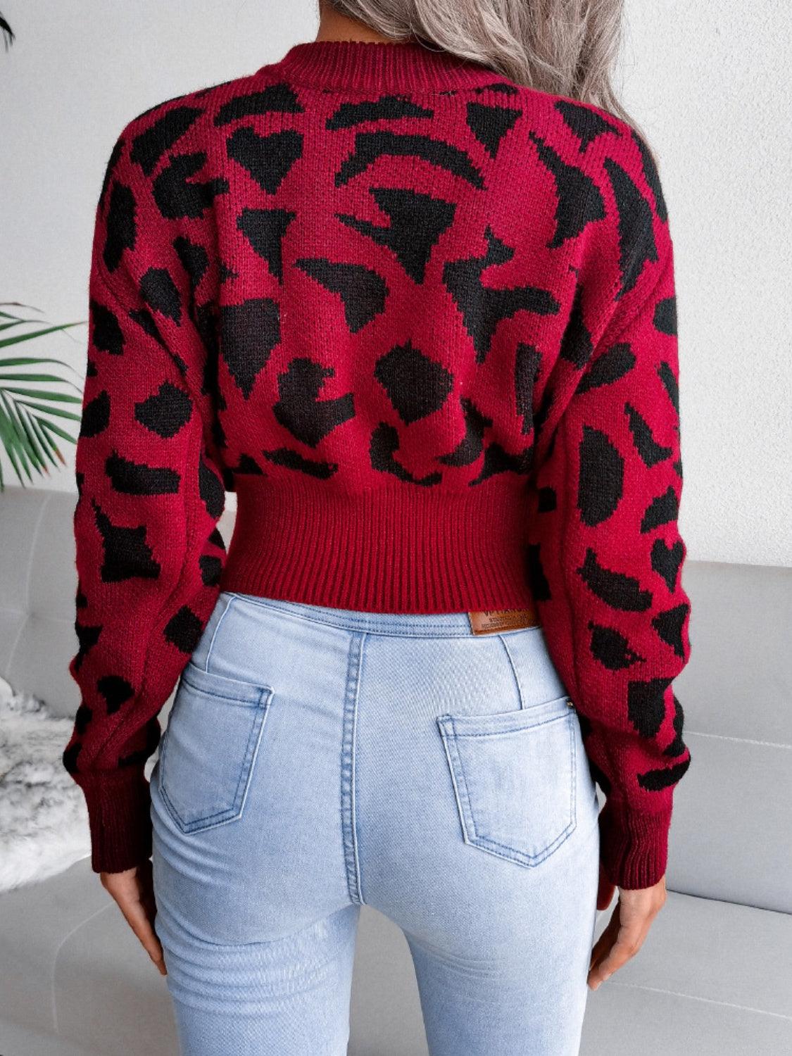 Leopard Round Neck Dropped Shoulder Sweater - Trendy by Luna