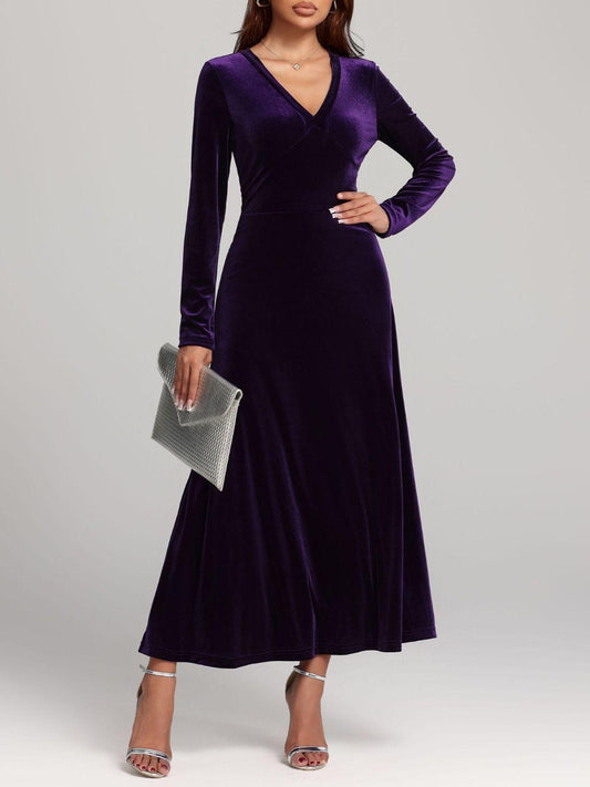 V-Neck Long Sleeve Velvet Dress - Trendy by Luna