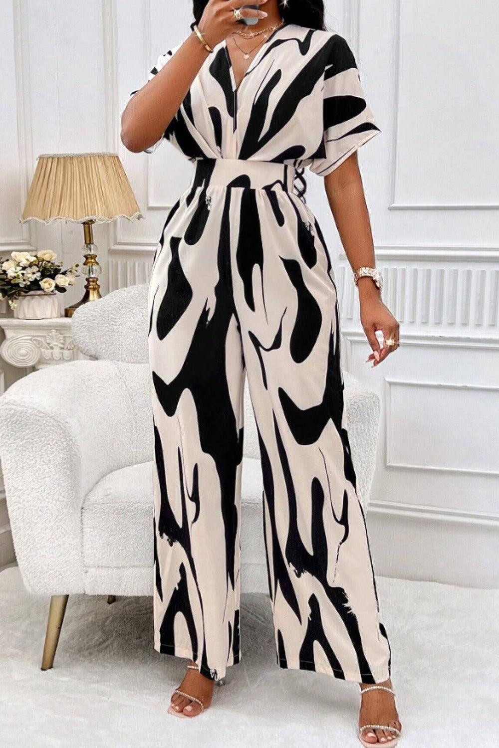 Printed V-Neck Short Sleeve Wide Leg Jumpsuit - Trendy by Luna