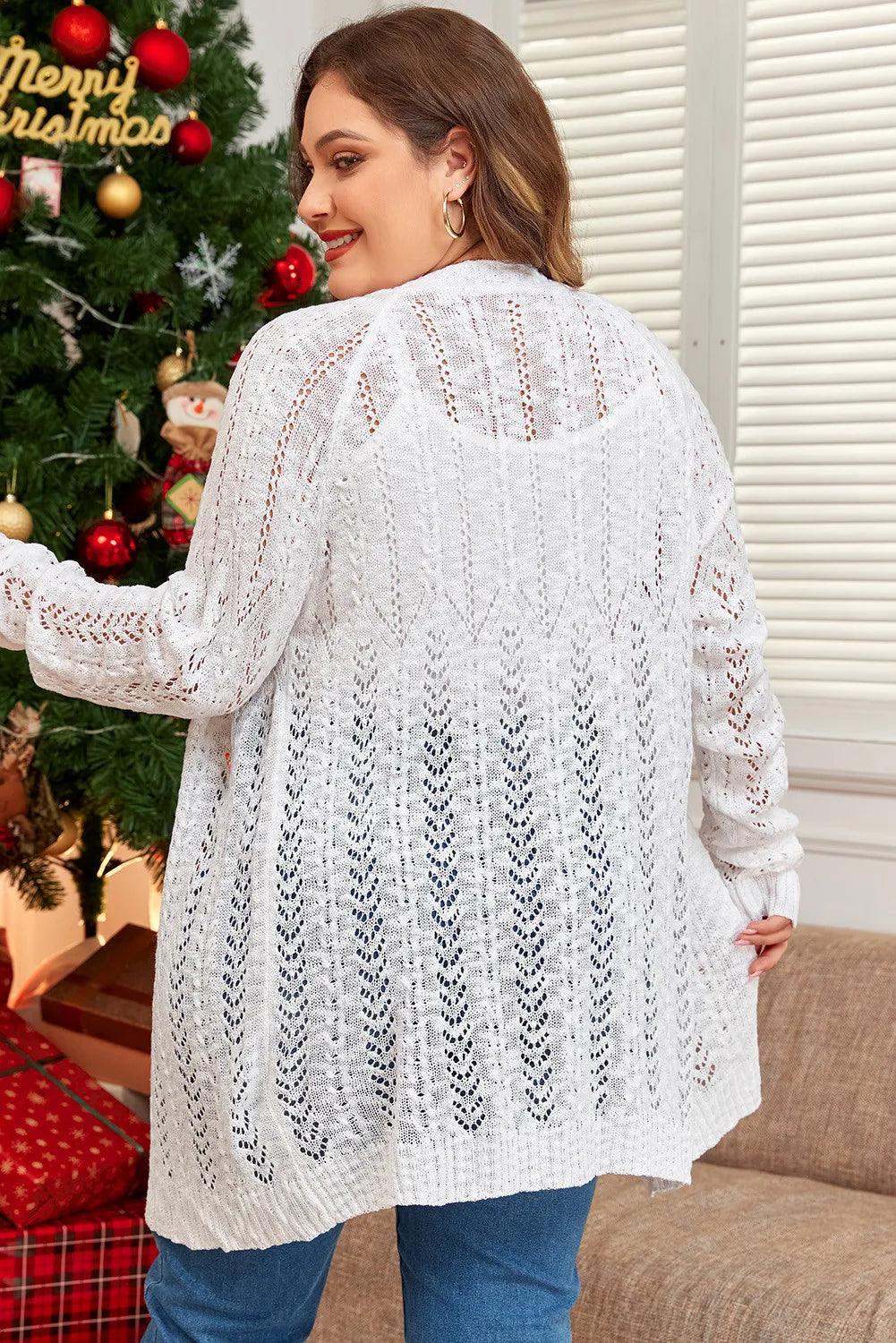 Plus Size Openwork Open Front Long Sleeve Cardigan - Trendy by Luna