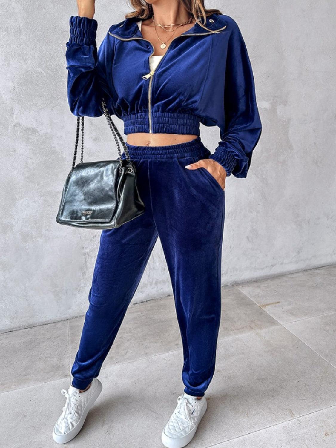 Zip Up Long Sleeve Cropped Top and Joggers Set - Trendy by Luna