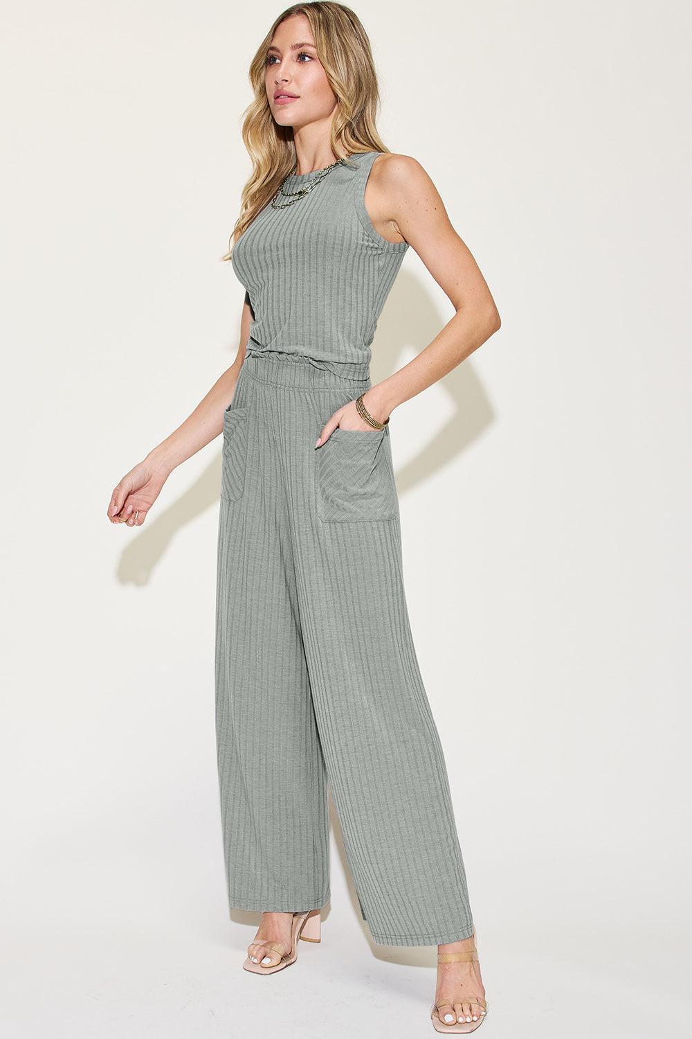 Full Size Ribbed Tank and Wide Leg Pants Set - Trendy by Luna