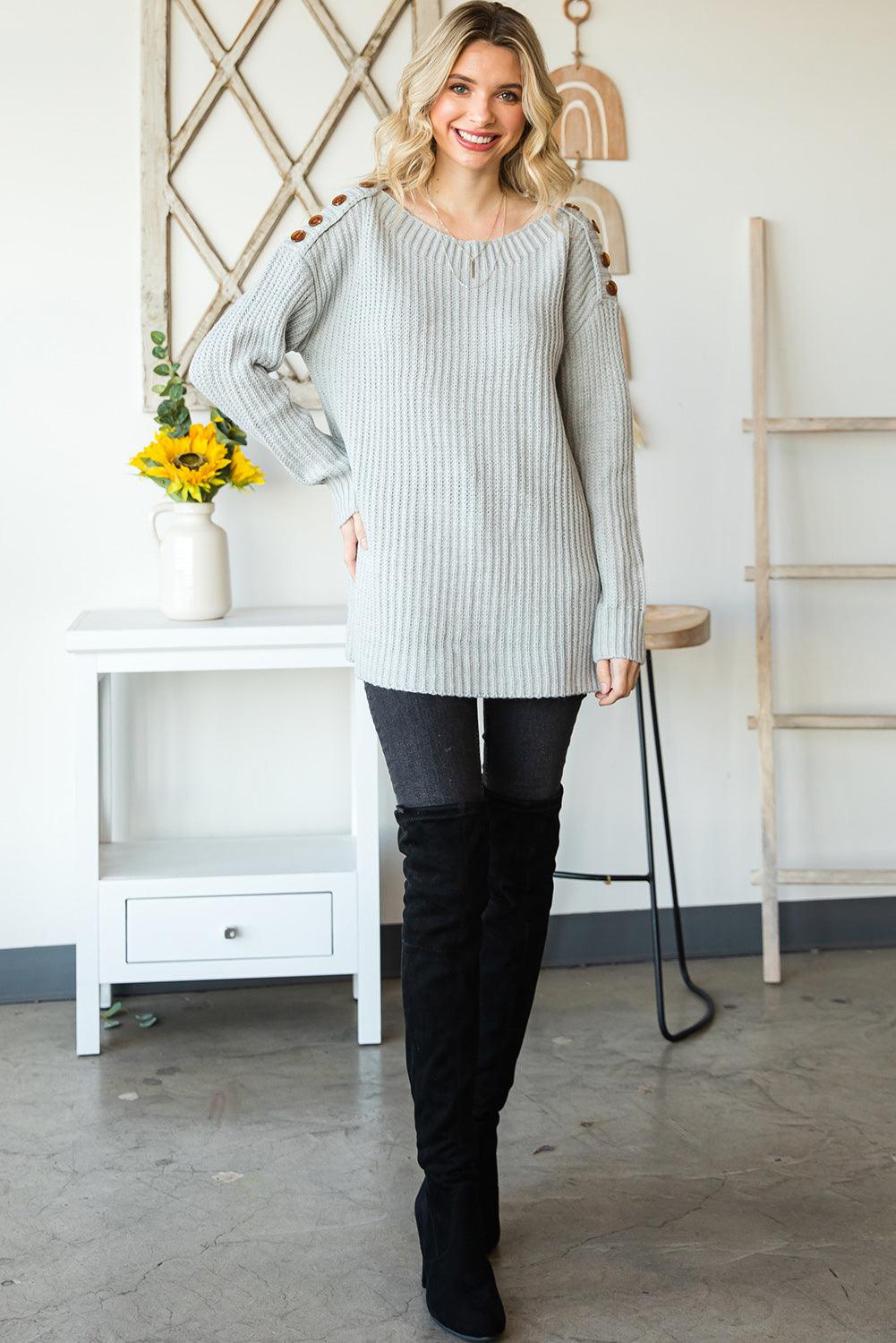 Side Slit Boat Neck Long Sleeve Sweater - Trendy by Luna