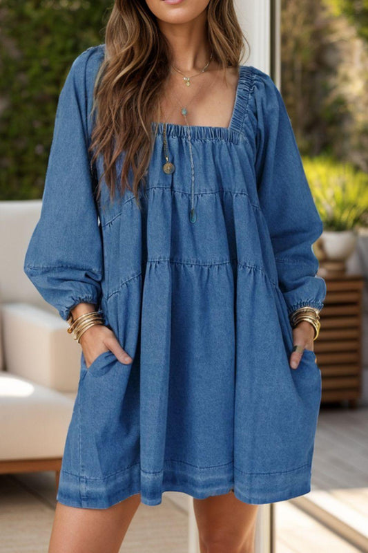 Tied Square Neck Long Sleeve Denim Dress with Pockets - Trendy by Luna