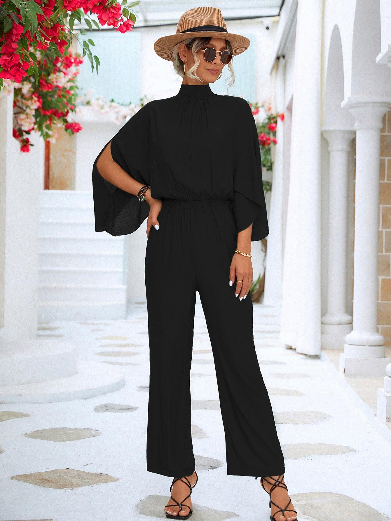 Tie Back Mock Neck Split Sleeve Jumpsuit - Trendy by Luna