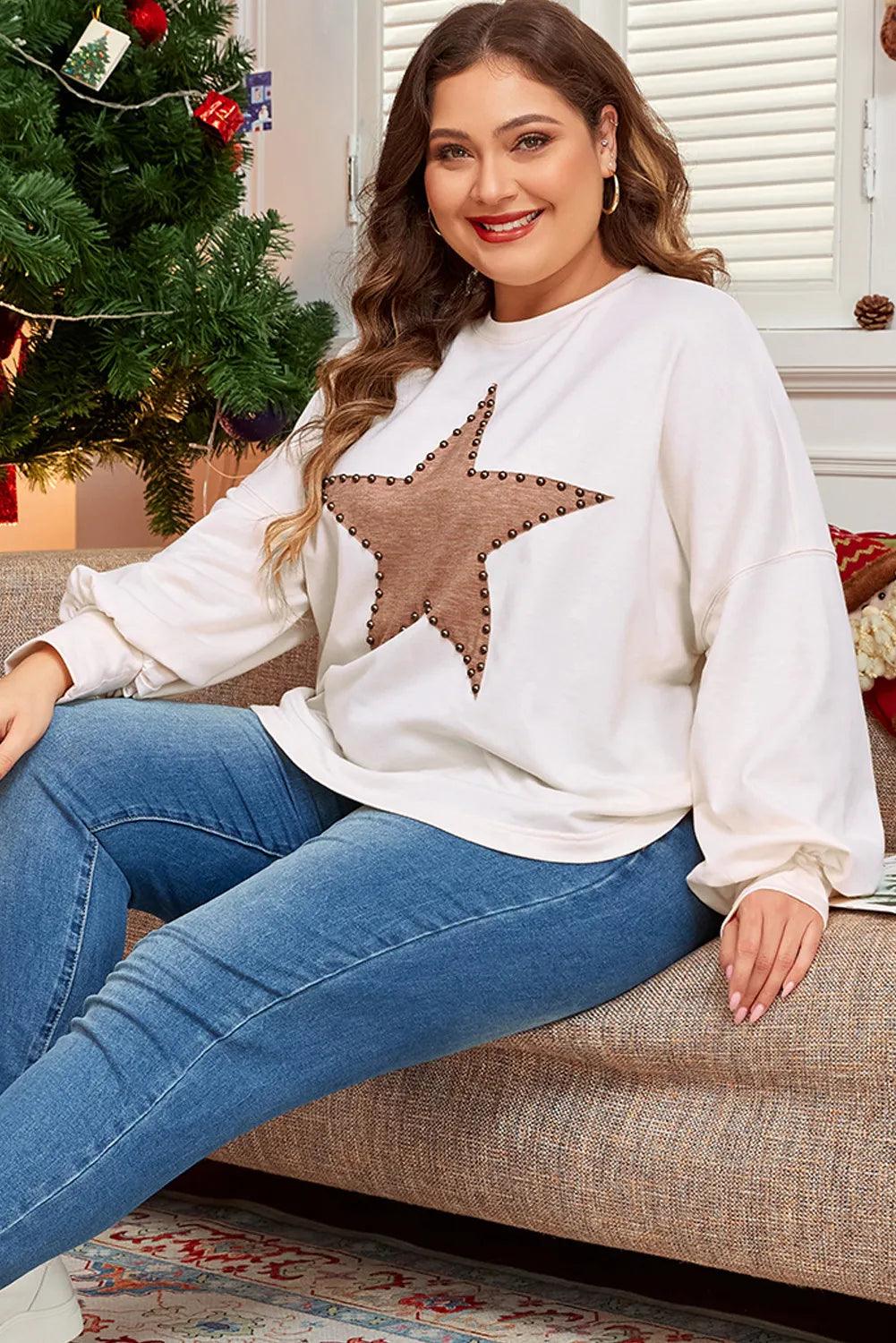 Plus Size Studded Star Round Neck Long Sleeve Blouse - Trendy by Luna