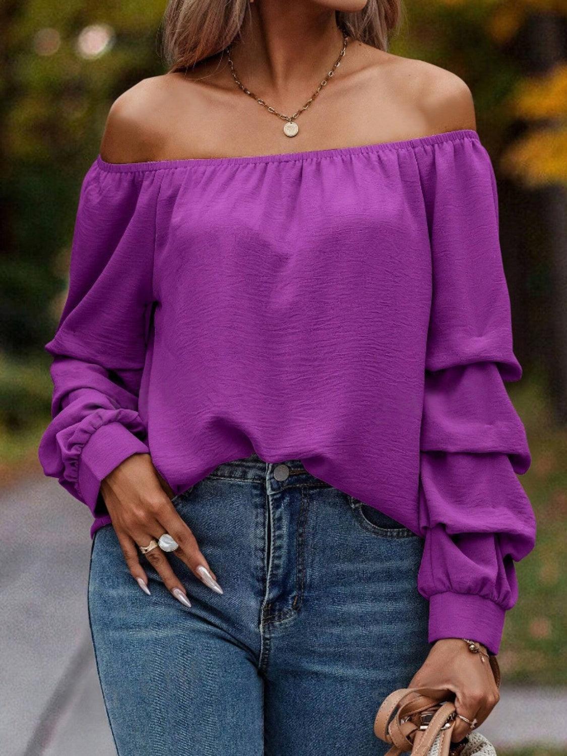 Ruched Off-Shoulder Long Sleeve Blouse - Trendy by Luna