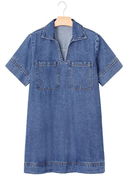 Short Sleeve Collared Patched Pocket Denim Mini Dress - Trendy by Luna